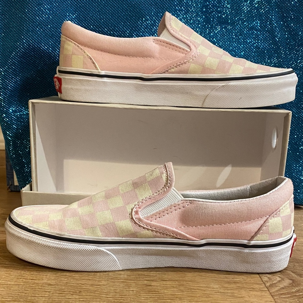 Vans Pink and Cream Checkered Slip-Ons